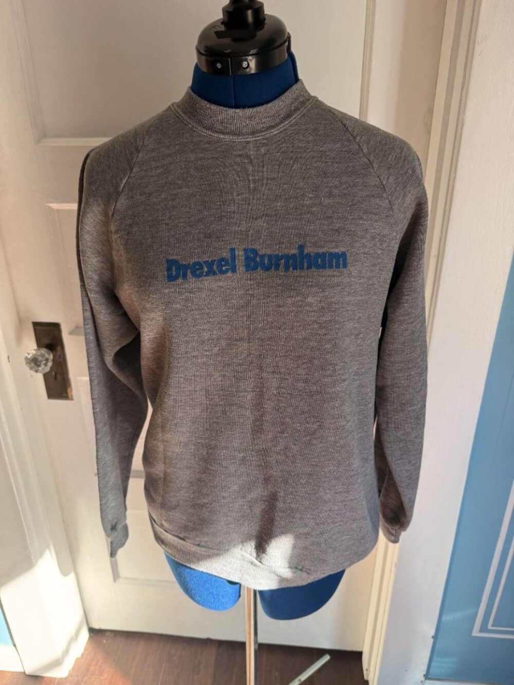 VTG RARE Drexel Burnham Bank Crewneck Gray + Blue Screenprinted Crewneck Sweatsh